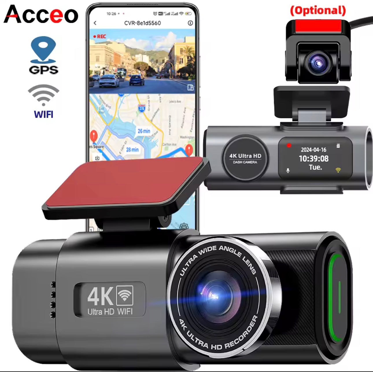 Caméra de tableau de bord 4K UHD pour voiture, enregistreur vidéo DVR à Vision nocturne, Wi-Fi intégré, Support GPS 24H pour stationnement