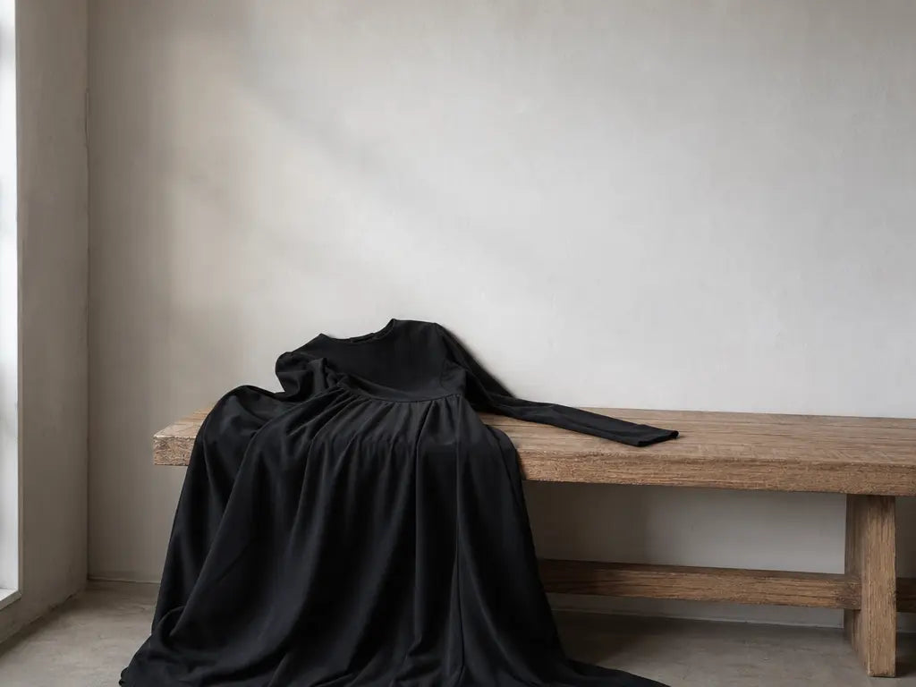 Lifestyle editorial photograph, natural light. A floor-length black dress made of matte fabric, laid