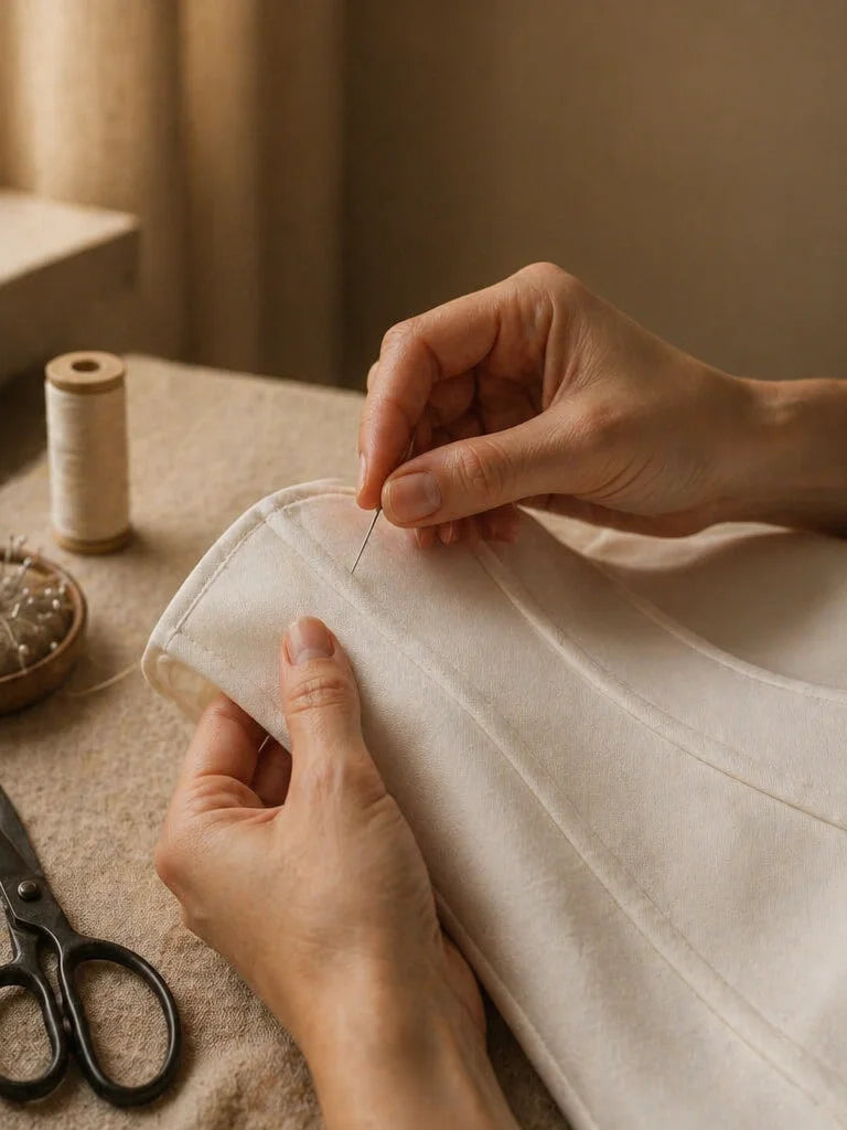 Editorial craft detail photograph, natural window light. A pair of expert hands at work on premium w