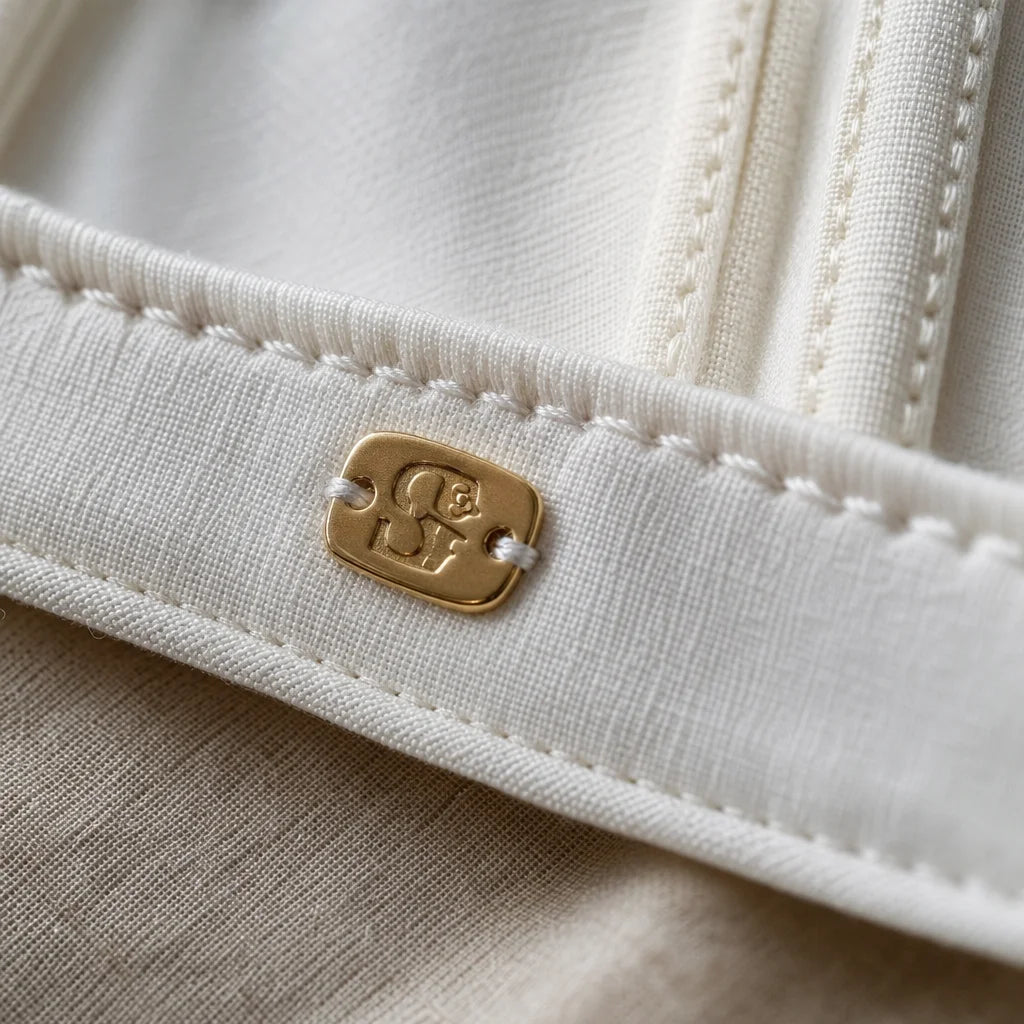 Premium detail macro photography. A macro close-up of the intricate stitching along the seam of a wh