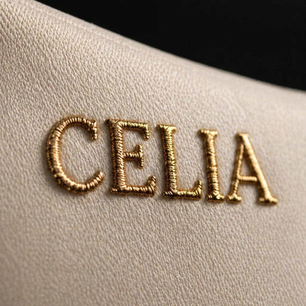 Scientific macro photography, documentary natural light style. Reveal the gold metal CELIA logo on w
