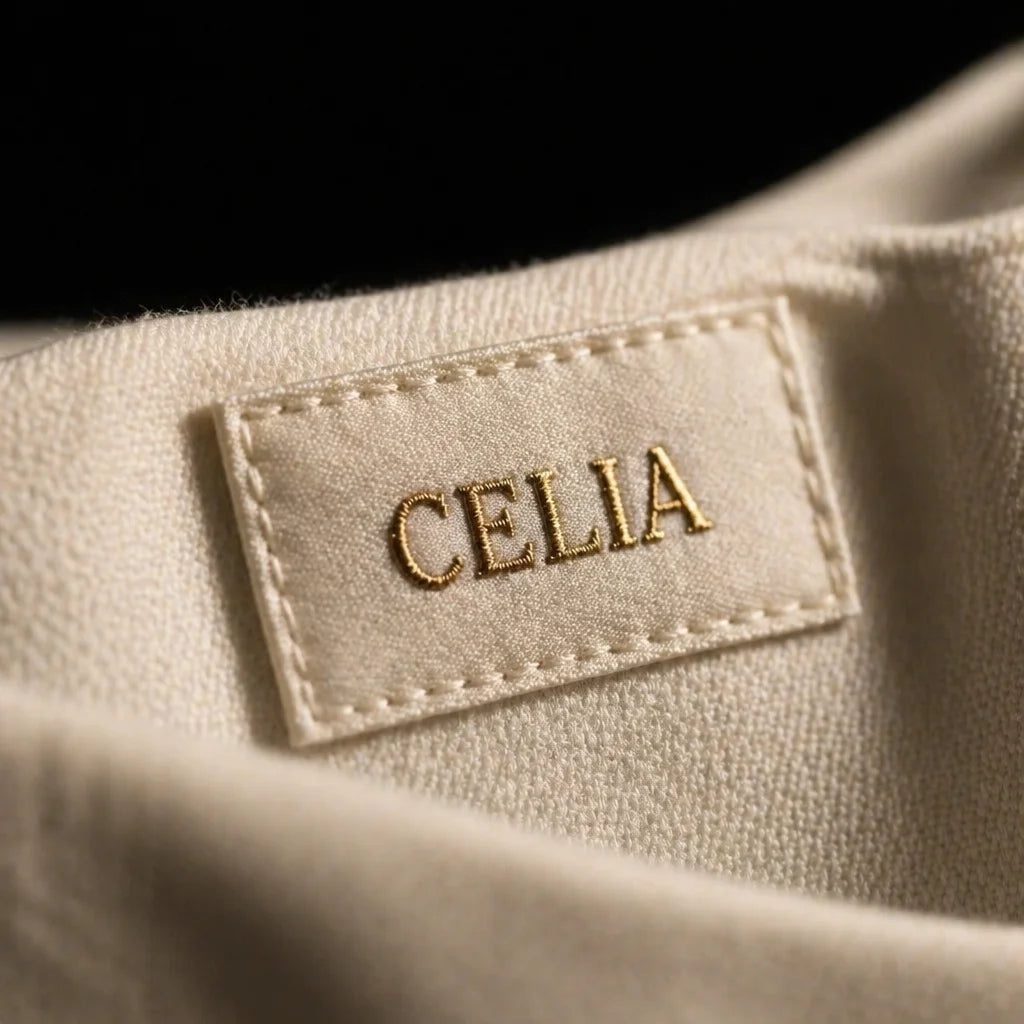 Scientific macro photography, documentary natural light style. Reveal the sewn label inside a CELIA